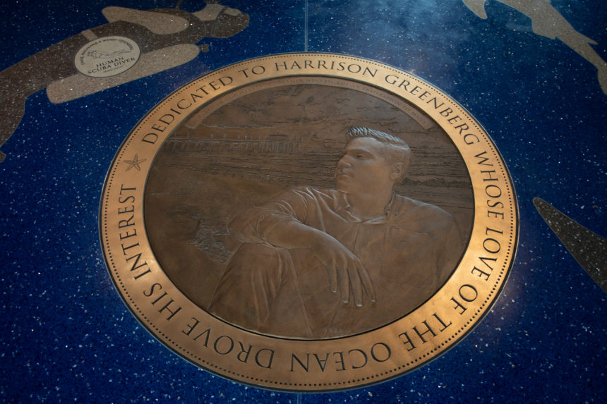 A bronze medallion on the floor of the Roundhouse aquarium features Harrison Greenberg.