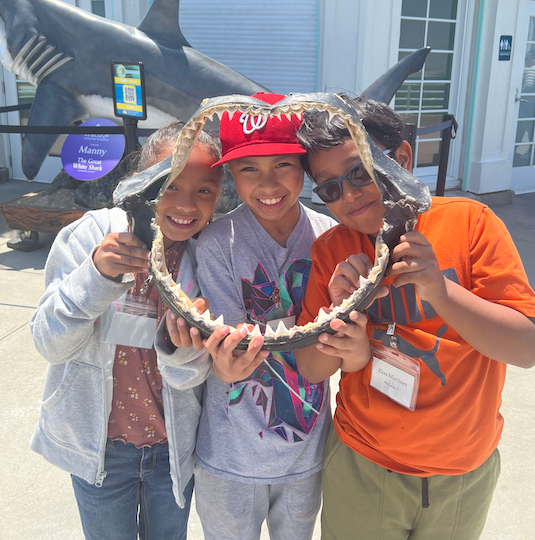 Kids holding shark jaw